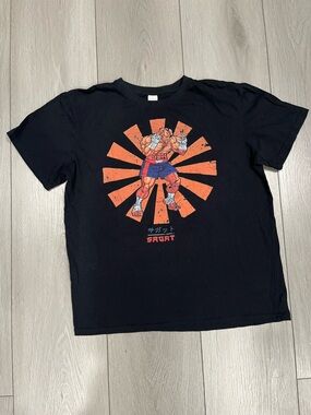 Sagat Graphic Tee - Black with Orange & Blue Print Street Fighter Shirt